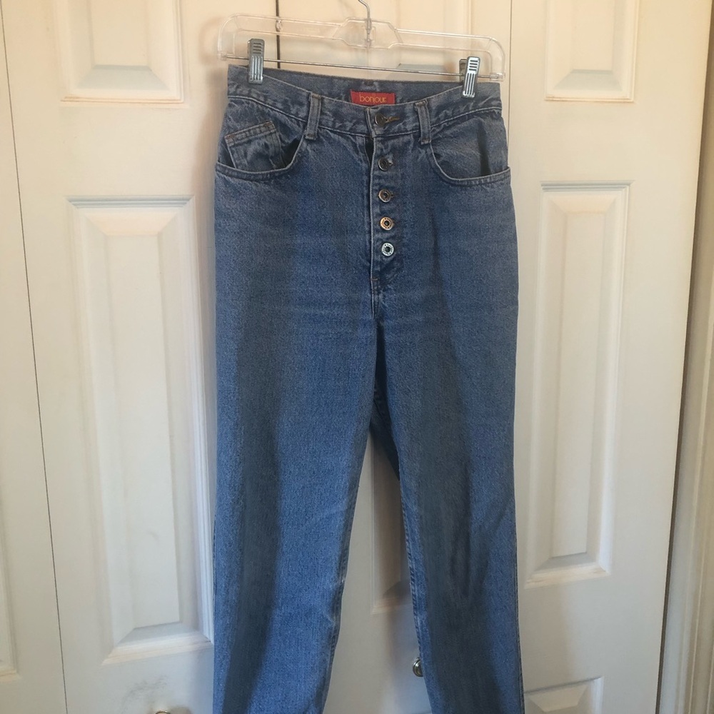 Vintage Button-Fly High-Rise Mom Narrow Jeans in Medium Blue Denim